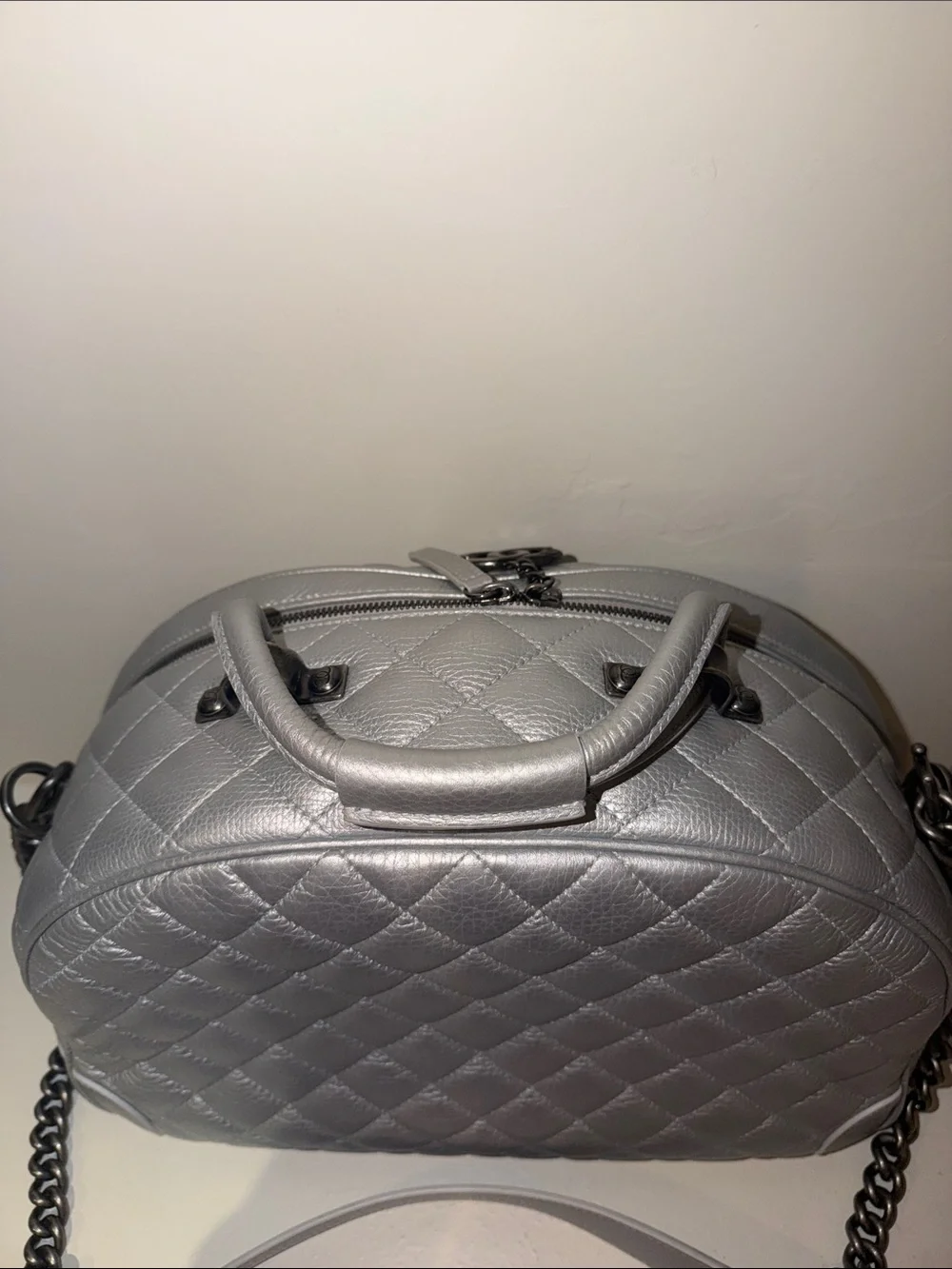CHANEL Airline Silver Small Roundtrip Bowling Bag (RHW)